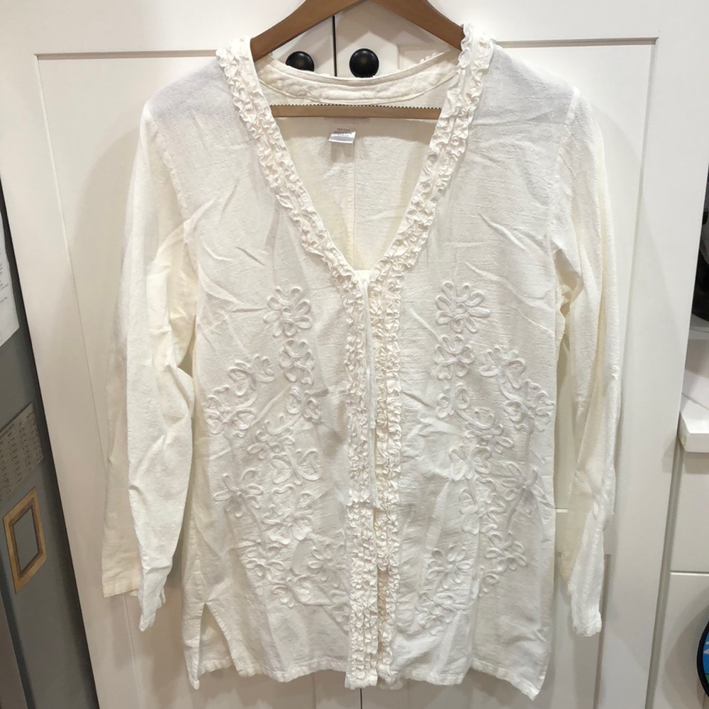Soft Surroundings Embroidered Cotton White Long Sleeve Button Tunic Top Medium